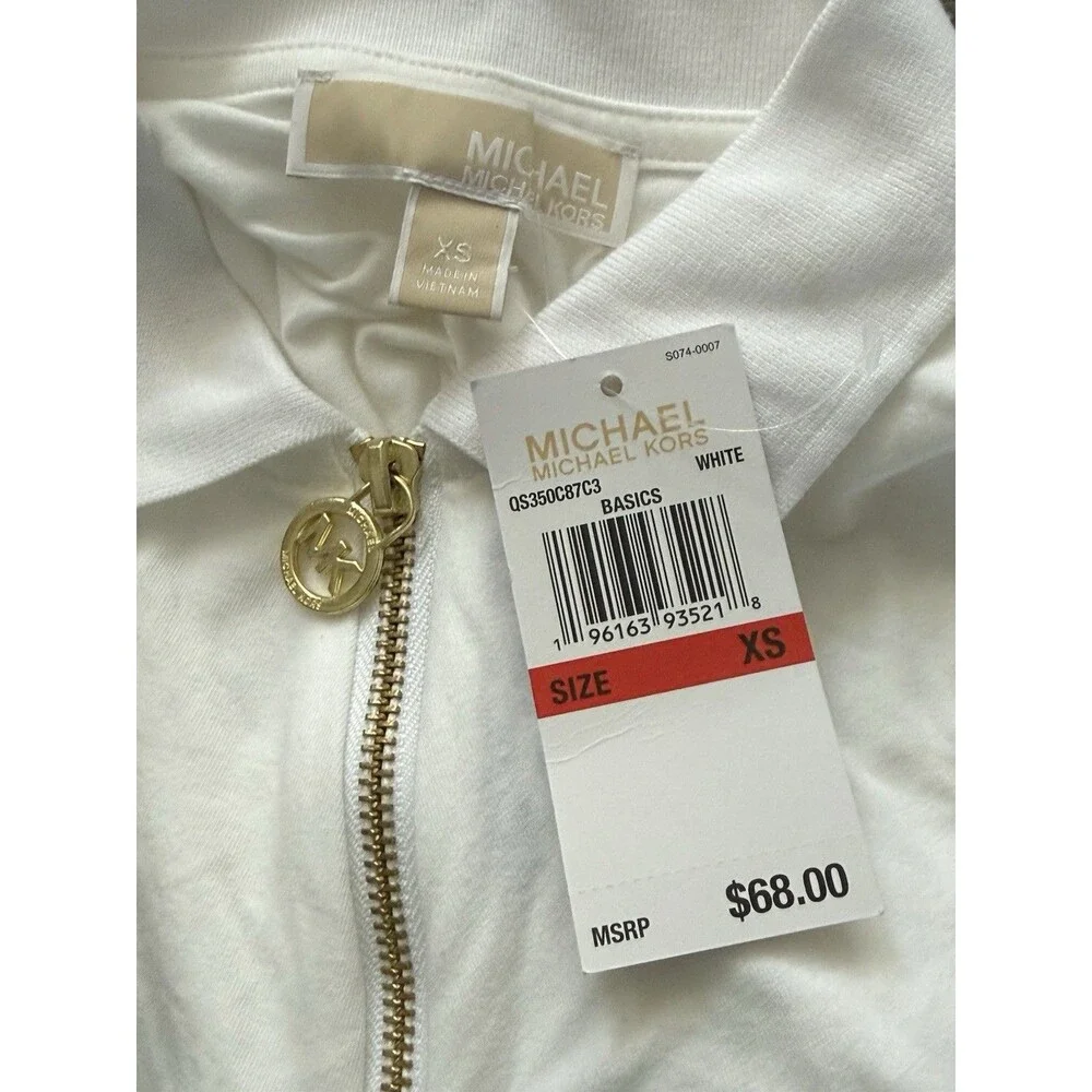 NEW Michael Kors MK Ruched Half Zip Polo T- Shirt Top Women’s White Sz XS